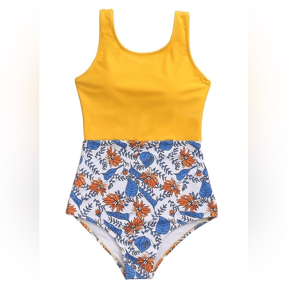 Jolefille Yellow and Blue Patterned One Piece High Cut Swimsuit Women’s Size L